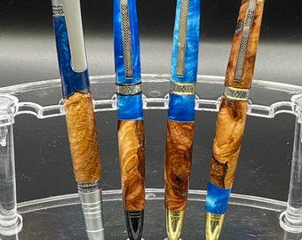 Burl Wood and Blue Resin Pen