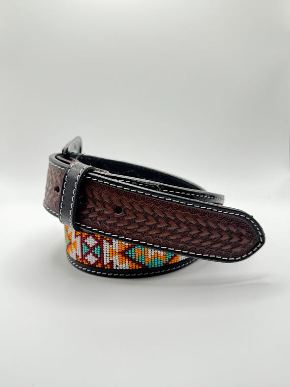 9564 Western Tooled Leather Beaded Belt For Men And Women Men main image 3
