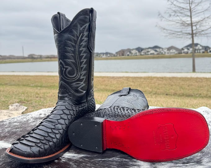 Men's Black Clone Python Leather Cowboy Boots