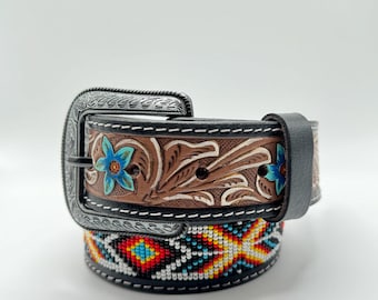 5178 Western Tooled Leather Beaded Belt For Men And Women Affilare Western Tooled Leather Beaded Belt For Men and  main image 3