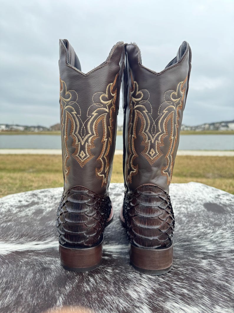 Pu&ograve; includere: Un paio di stivali da cowboy in pelle marrone con motivo a pelle di serpente e ricami intricati sullo stivale.