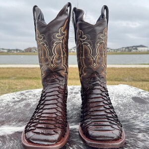 Pu&ograve; includere: Un paio di stivali da cowboy marroni con ricami intricati sullo stivale e un motivo a pelle di serpente sul piede. Gli stivali hanno una punta a punta e un tacco basso.