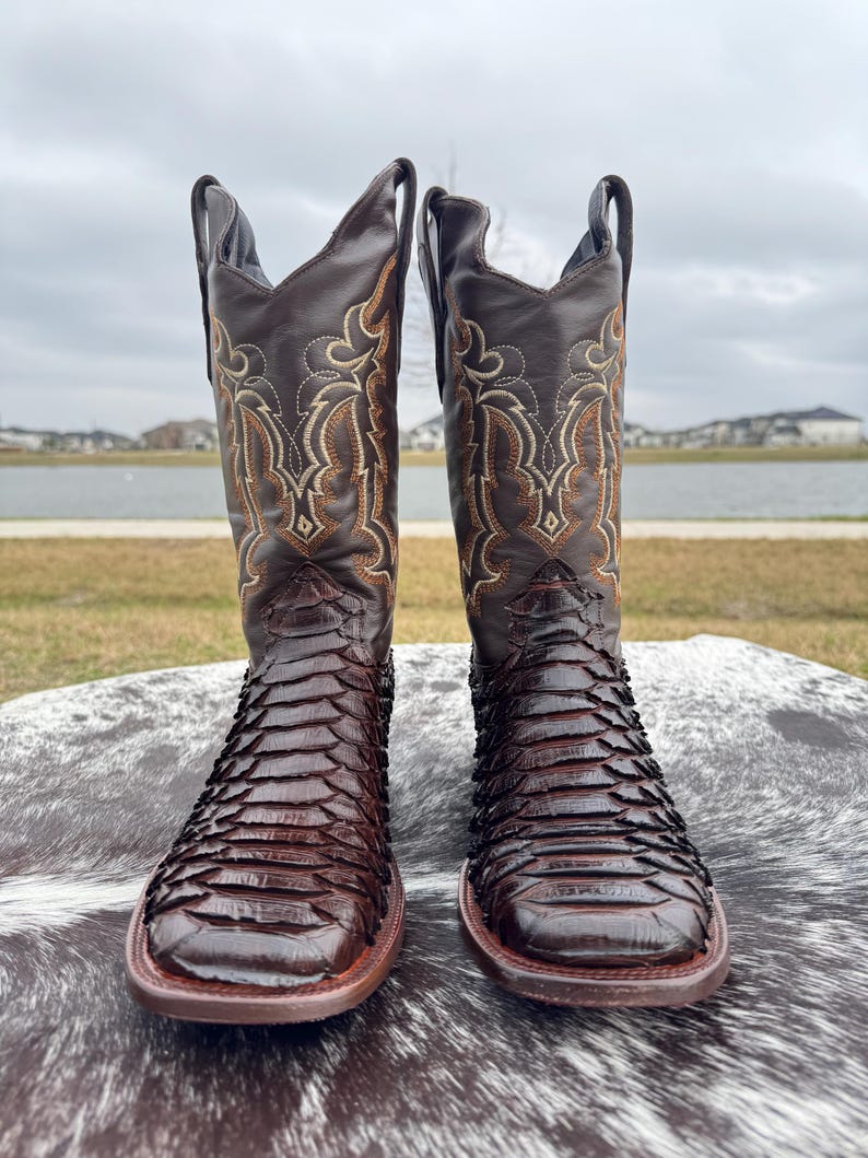 Pu&ograve; includere: Un paio di stivali da cowboy marroni con ricami intricati sullo stivale e un motivo a pelle di serpente sul piede. Gli stivali hanno una punta a punta e un tacco basso.