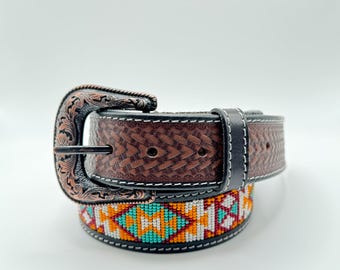 Western-style Leather Beaded Belt, Tooled Design - Etsy display picture 1