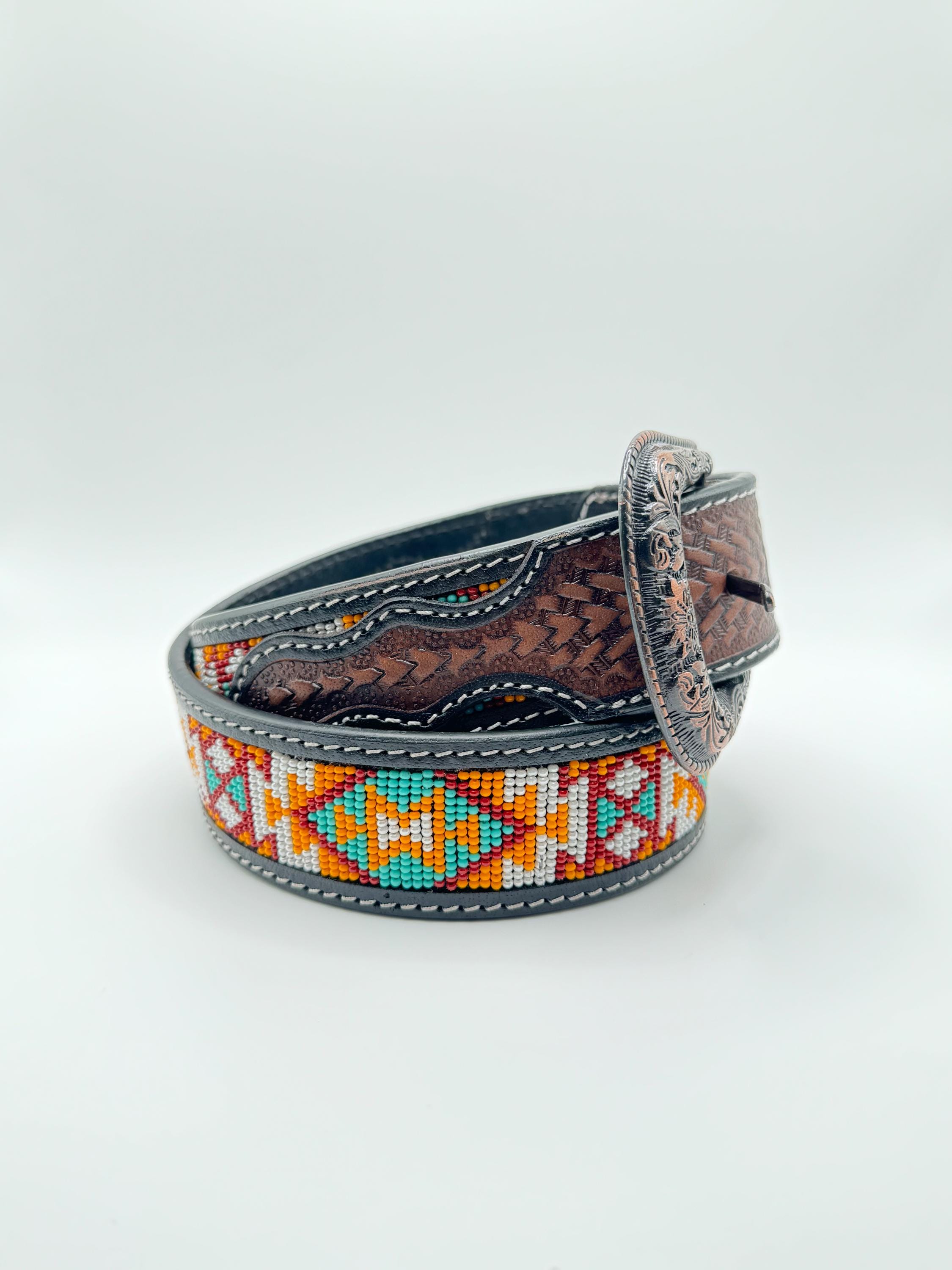 Western-style Leather Beaded Belt, Tooled Design - Etsy Canada display picture 1
