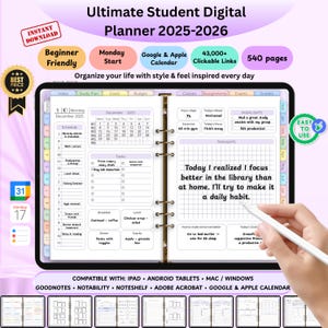 Puede incluir: Planificador digital para estudiantes 2025-2026 con diseño para principiantes. Incluye más de 43.000 enlaces clickeables y 540 páginas. El planificador tiene secciones para programación, tareas y notas, con un calendario de diciembre de 2025. Compatible con iPad, tabletas Android y Mac/Windows.