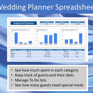 Op de afbeelding: Een spreadsheet met een blauwe achtergrond en een titel die "Wedding Planner Spreadsheet" luidt. De spreadsheet bevat drie grafieken en een tabel met gegevens over bruiloftsbudgetten en -uitgaven. De tekst onder de spreadsheet luidt "Zie hoeveel er in elke categorie is uitgegeven", "Houd de gasten en hun diëten bij", "Beheer To Do-lijsten" en "Zie hoeveel gasten speciale maaltijden nodig hebben".