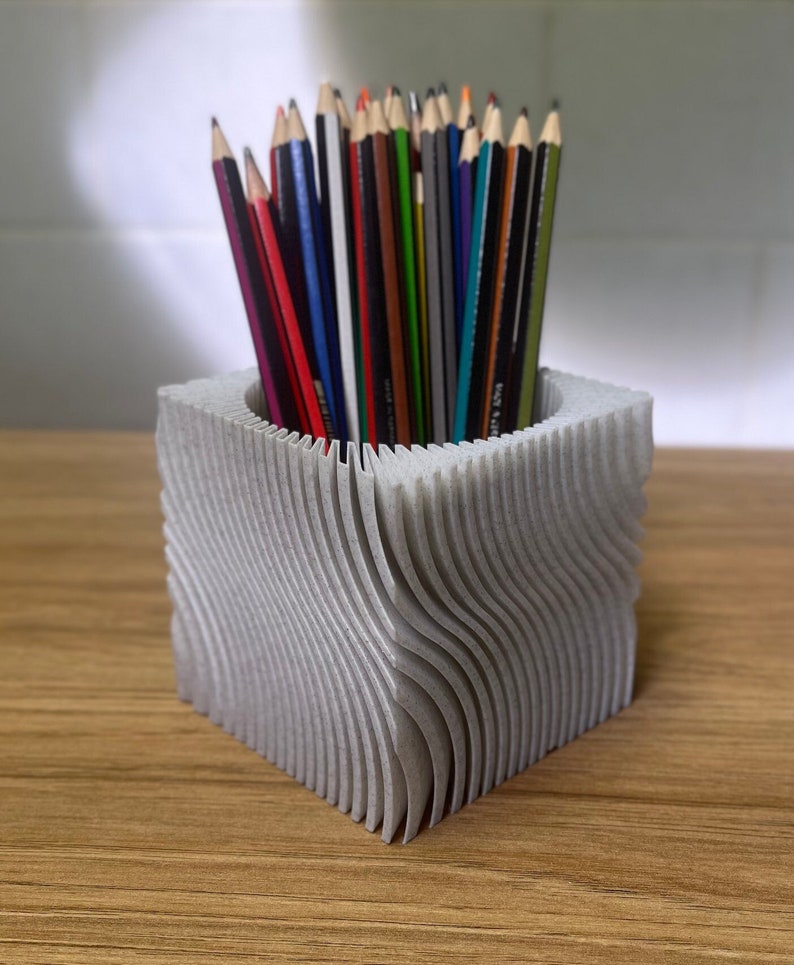 Minimalist Swirly Cube Pen Cup Pencil Holder Desk Accessory Organisation 3D Printed Design image 1