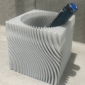 Minimalist Swirly Cube Pen Cup Pencil Holder Desk Accessory Organisation 3D Printed Design image 3
