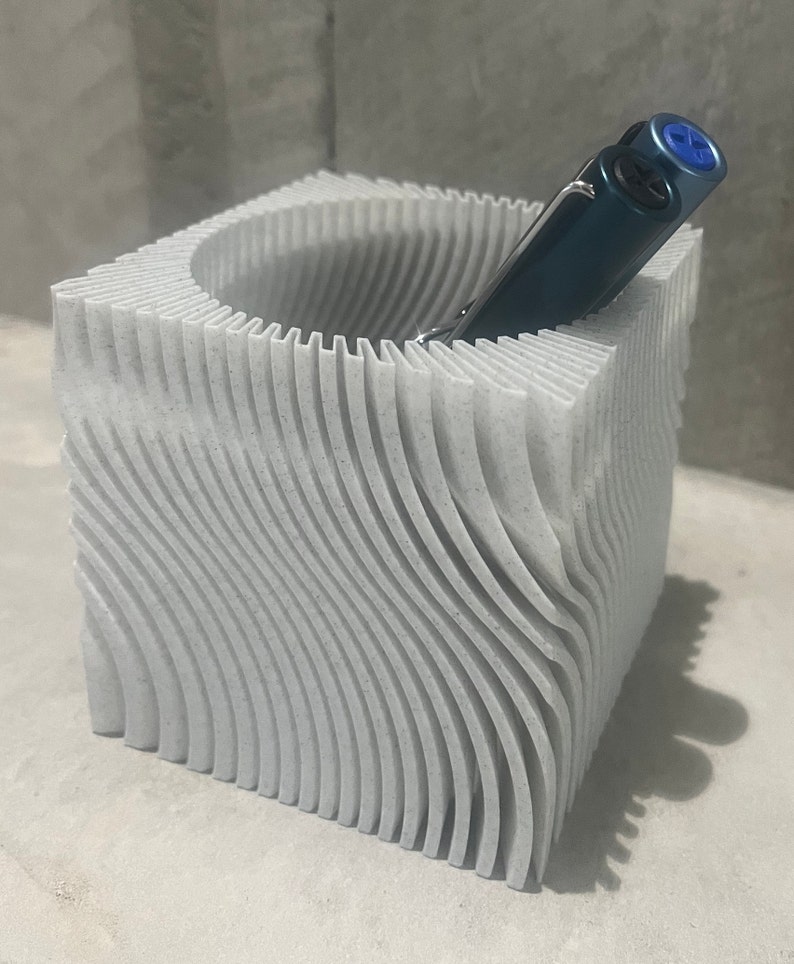 Minimalist Swirly Cube Pen Cup Pencil Holder Desk Accessory Organisation 3D Printed Design image 3