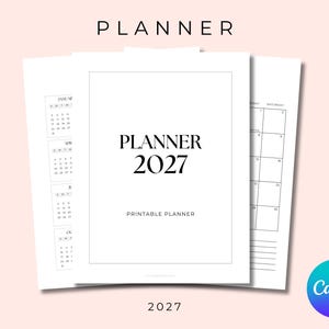 May include: A white printable planner with black text featuring the title PLANNER 2027 and the subtitle PRINTABLE PLANNER. The document includes monthly calendar grids and a structured layout for organization, presented on a light background.