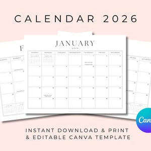 2026 Printable Calendar: Horizontal Wall Planner with Holidays (Canva Template & Digital Download)