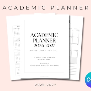 Op de afbeelding: Een witte academische planner voor 2026-2027 met zwarte tekst. De omslag toont ACADEMIC PLANNER 2026-2027, AUGUST 2026 - JULY 2027, SCHOOL YEAR PLANNER MONDAY START en 21,59x27,94 cm, PRINTABLE & DIGITAL PLANNER. Bevat maandelijkse kalenderpagina's.