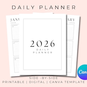 Agenda giornaliera 2026: design minimalista affiancato (modello Canva, download digitale)