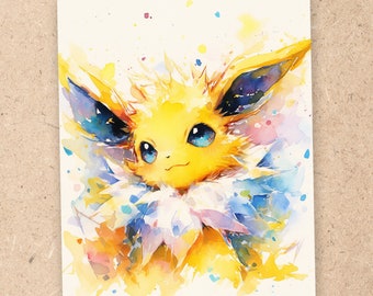 Jolteon, Watercolor Pokemon, 4x6 Art Print, Pokemon Art Print, Anime Art Print, Bedroom Wall Art, Eveelution | B02016