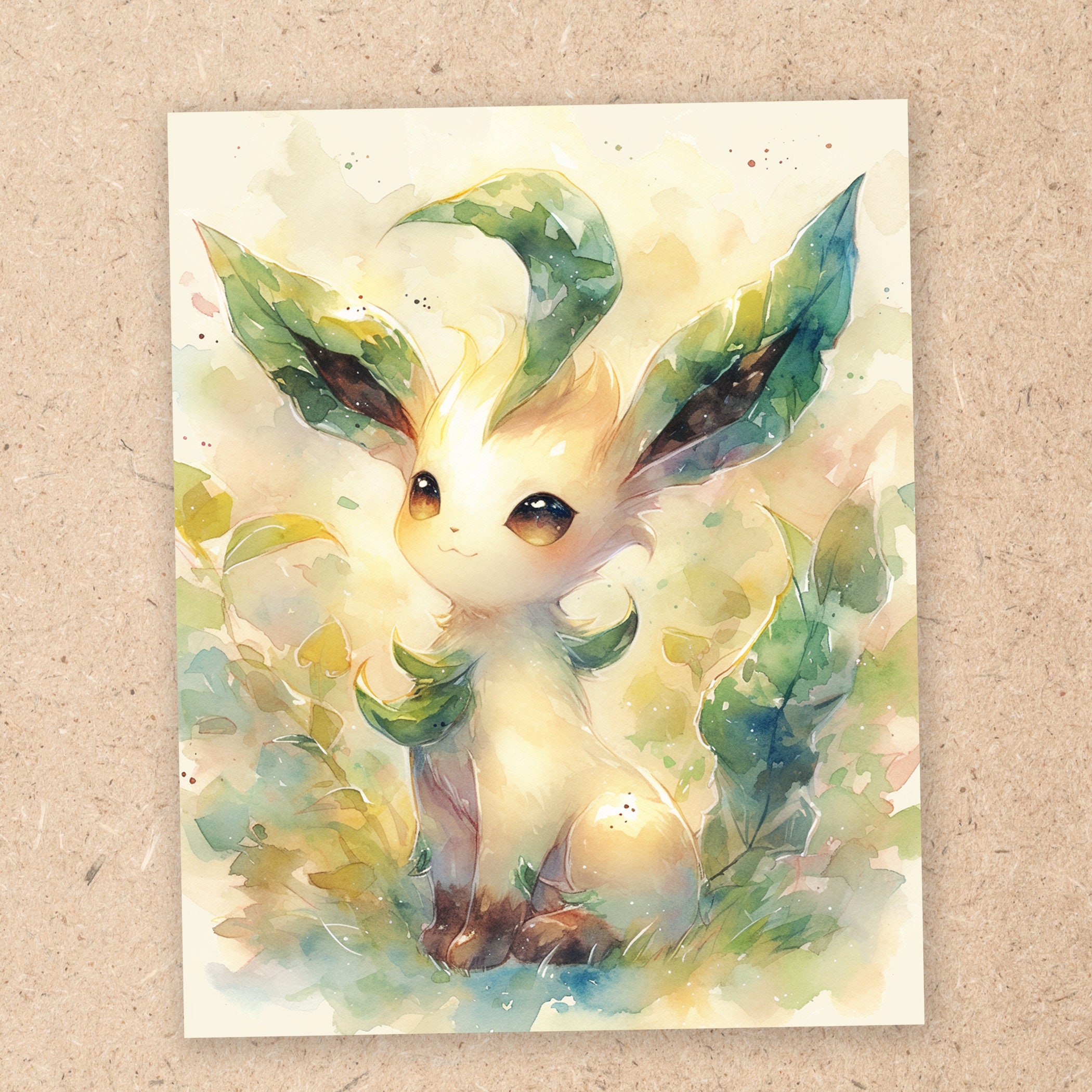 ペローフB.T、「お茶のとき」、希少な額装用画集より、新品高級額装付 Leafeon, Watercolor Pokemon, 4x6 Art Print, Pokemon Art
