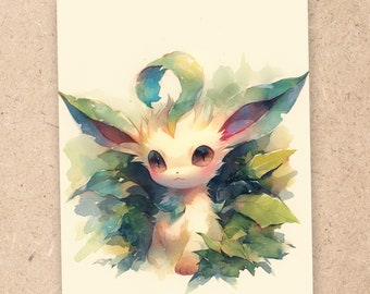 Leafeon, Watercolor Pokemon, 4x6 Art Print, Pokemon Art Print, Anime Art Print, Bedroom Wall Art, Eveelution | B02004