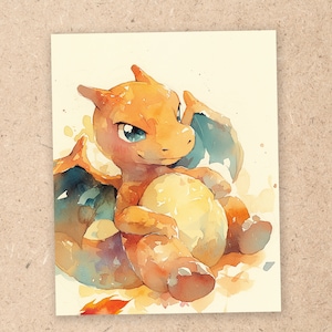 May include: A watercolor painting of a cartoon orange and yellow dragon with blue wings. The dragon is sitting on a yellow egg and has a mischievous expression on its face.