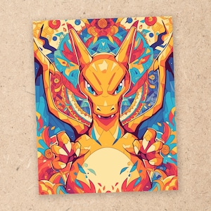 May include: A vibrant, colorful illustration of a fiery orange and yellow Pokemon character with a detailed background of geometric shapes and patterns.