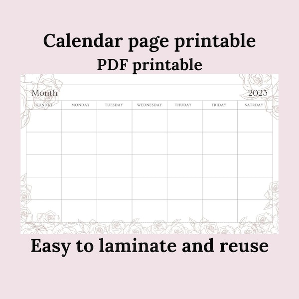 Rose themed calendar page - PDF Digital download - Reusable floral planner