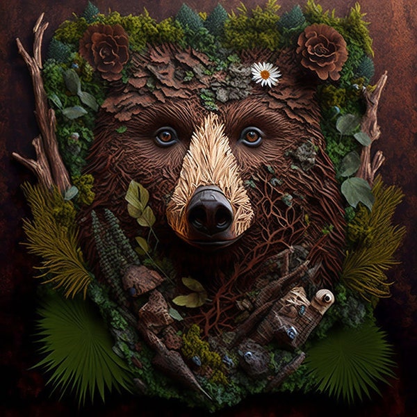 Organic Bear Portrait Digital Download - Nature-Inspired Art Piece