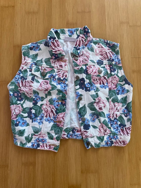 Vintage floral denim button up vest