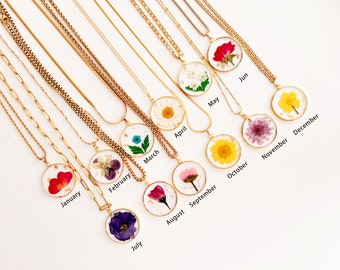 Birth Month Flower Necklace: Pressed Resin Pendant, Botanical Jewelry, Birthday gift