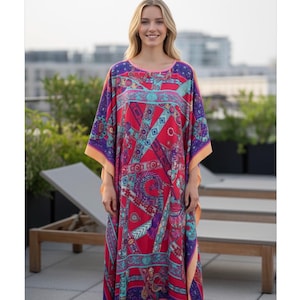 Printed Faux Silk Crepe Kaftan: Flowy Maxi Dress image 1