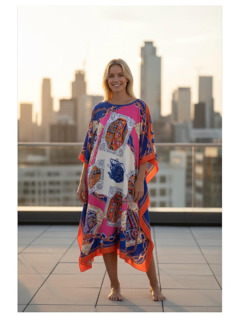 Printed Faux Silk Crepe Kaftan: Flowy Maxi Dress image 3