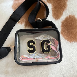 Stadium Bags, For Concert Purse, clear bag, Chenille Letters, bag with Strap, High Quality, Interior Scarf include, Gameday bag Black