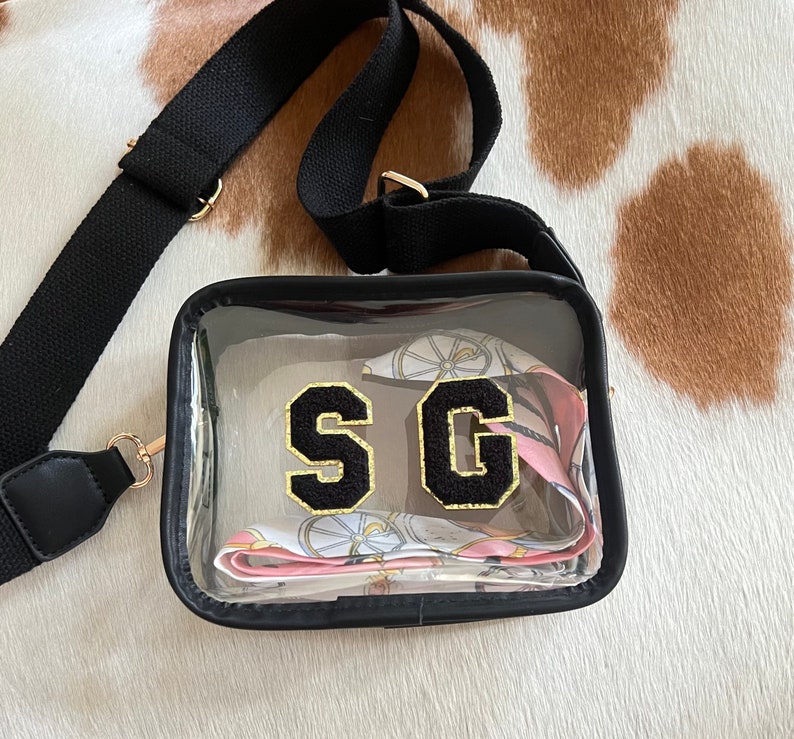 Stadium Bags, For Concert Purse, clear bag, Chenille Letters, bag with Strap, High Quality, Interior Scarf include, Gameday bag Black