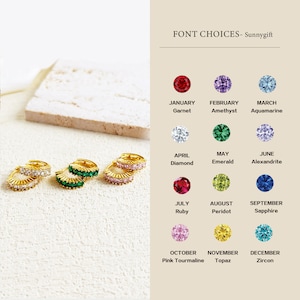 925 Sterling Silver, Round Hoop Earrings, Birthstone Huggie Hoops, Small Gold Cubic Zirconia stones, Birthstone Jewelry, Birthday Gifts
