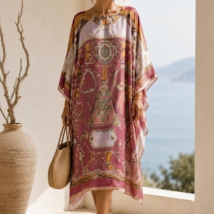Printed Faux Silk Crepe Kaftan: Flowy Maxi Dress