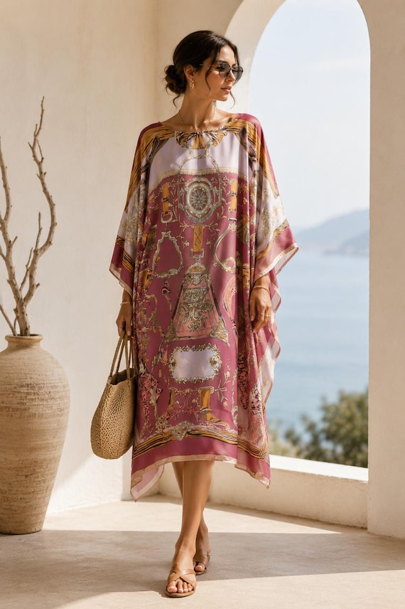 Printed Faux Silk Crepe Kaftan: Flowy Maxi Dress
