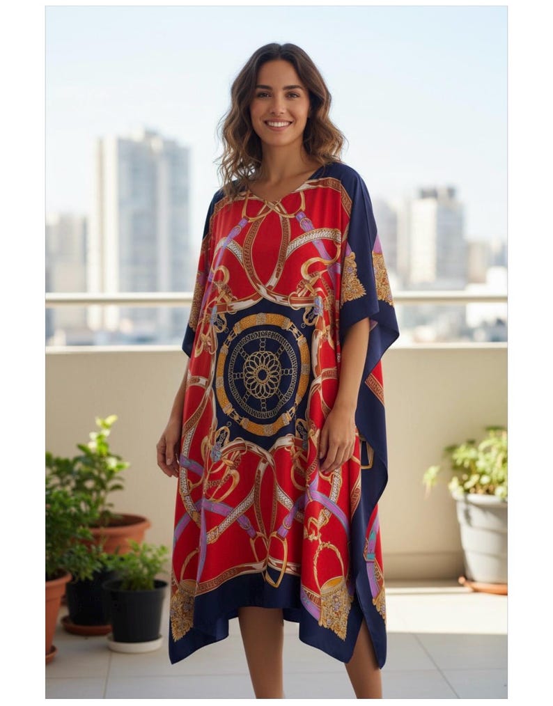 Printed Faux Silk Crepe Kaftan: Flowy Maxi Dress image 2