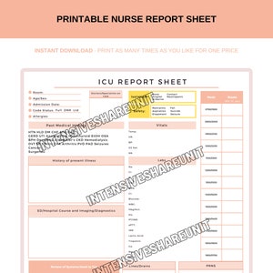Nurse Report Sheet, Nursing Brain, Nurse Handoff Sheet, ICU Nurse Report, RN Nursing, New Grad, SBAR, Patient Assessment, Printable Template