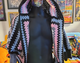 Hooded Crochet Hexagon Cropped Cardigan in Trans Pride Colors