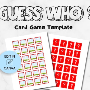 Pode incluir: Um modelo de jogo de cartas "Adivinha quem?" com o texto "GUESS WHO?" em negrito e contornado. O modelo inclui duas folhas: uma com molduras para fotos e outra com pontos de interrogação. Um círculo azul com "EDIT IN CANVA" também está presente.