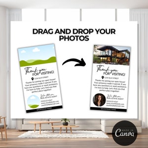 May include: A green and white real estate open house thank you card with a blue sky and white clouds. The card has the text "Thank you for visiting!" and the address "1234 Elm Street". The card also has the name "Julia Johnson, Real Estate Agent" and contact information.