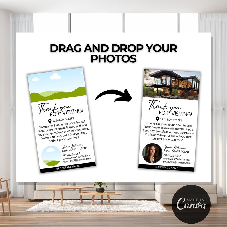 May include: A green and white real estate open house thank you card with a blue sky and white clouds. The card has the text "Thank you for visiting!" and the address "1234 Elm Street". The card also has the name "Julia Johnson, Real Estate Agent" and contact information.