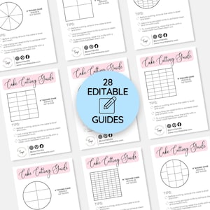 May include: A collection of white cards with cake cutting guides, featuring diagrams for round and square cakes, and instructions. A central blue circle reads "28 Editable Guides."