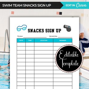 Hoja de registro de refrigerios del equipo de natación, horario de refrigerios para natación, lista de registro de refrigerios para jóvenes, plantilla Canva editable, descarga digital instantánea