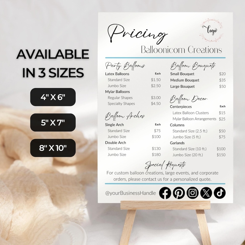 Custom Balloon Price List, Balloon Arrangement Price List, Editable