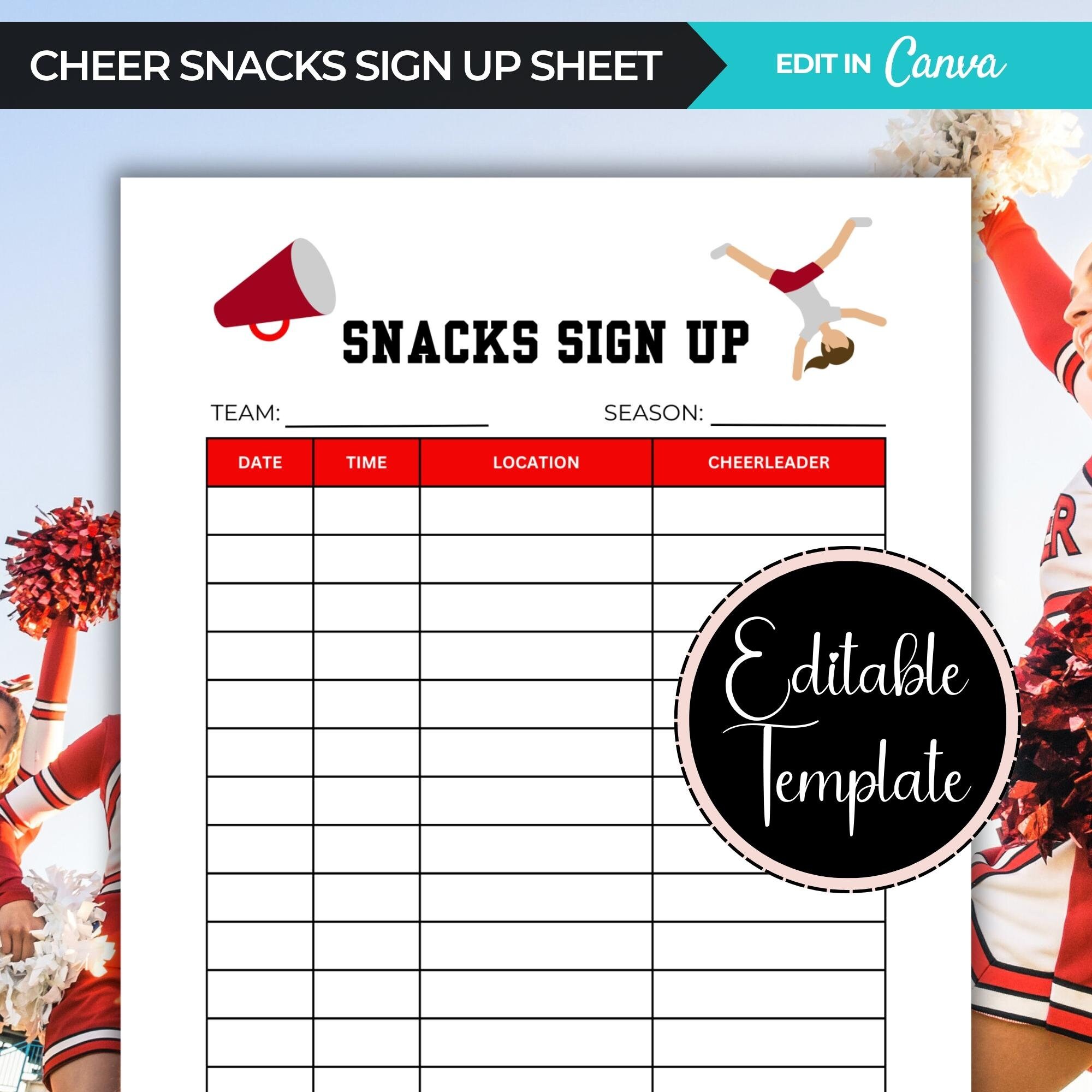 Cheer Snacks Sign up Sheet, Snack Sign up Sheet for Cheerleading Team Cheer Snacks Sign up Sheet, Snack Sign up Sheet for Cheerleading Team