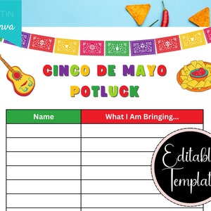 Cinco De Mayo Potluck aanmeldingsblad, voedselaanmeldingsblad, afdrukbare aanmeldingssjabloon, feestaanmeldbladen, vakantiefeestaanmeldbladen