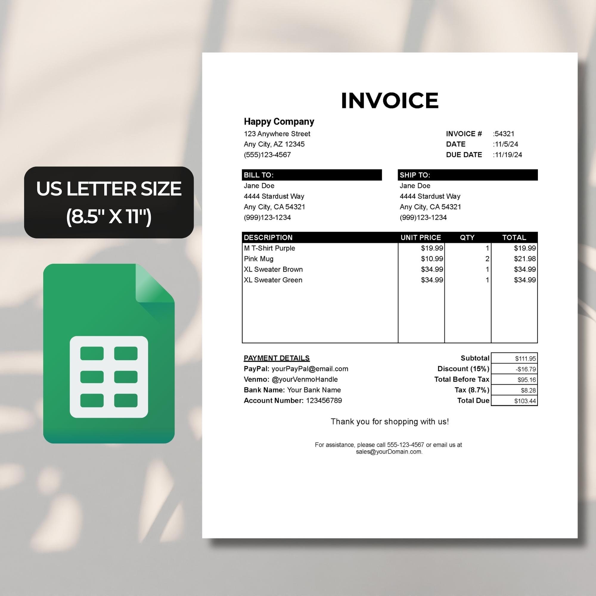 Small Business Google Sheets Invoice Template, Sales Invoice Pricing ...