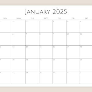 2025 Printable Monthly Calendar Landscape, Sunday and Monday Start, 2025 Minimal Black and White Monthly Calendar Pages PDF, A4 & US Letter