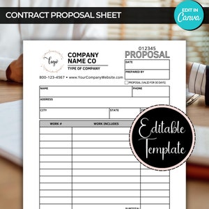 May include: A black and white editable contract proposal sheet template with the text "CONTRACT PROPOSAL SHEET" at the top. The template includes fields for company name, type of company, contact information, date, prepared by, proposal, phone, name, address, city, state, work #, work includes, and subtotal.