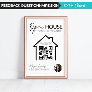 May include: A black and white sign with the text "Open House Feedback Questionnaire" and a QR code inside a house shape. The text "Scan to Leave Feedback" is above the QR code. The text "Megan Levinsky Real Estate Agent" is below the QR code. A photo of a woman is in the bottom right corner of the sign.