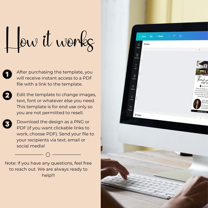 May include: A computer screen displays a digital design template featuring the text "Thank you for your visit". The template has a white background with a black border. The text is in a black font. The screen is encased in a black frame. A person's hands are typing on a keyboard.